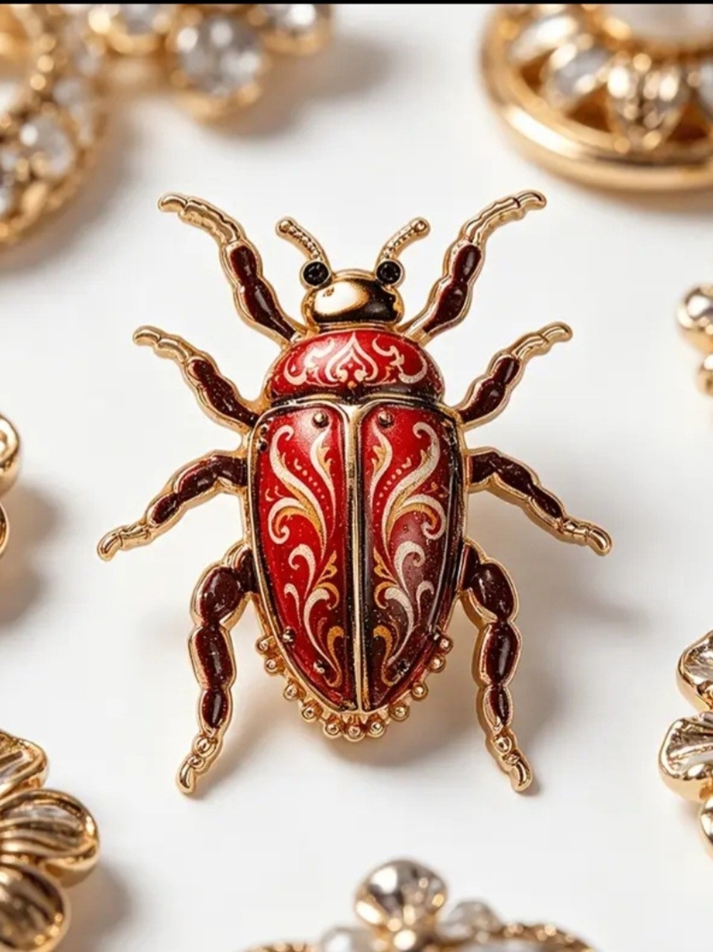 Vintage Pattern Beetle Enamel Brooch Accent Pin - 2"